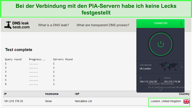 Screenshot eines erfolgreichen PIA-Lecktests.