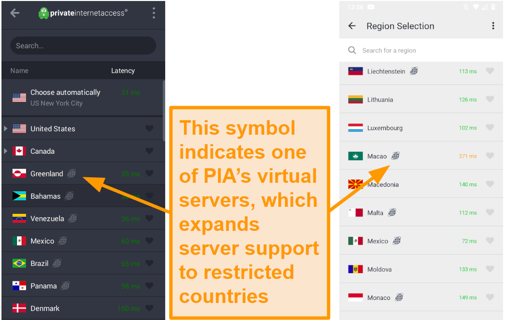 PIA&rsquo;s broad server network provides connections in less popular locations