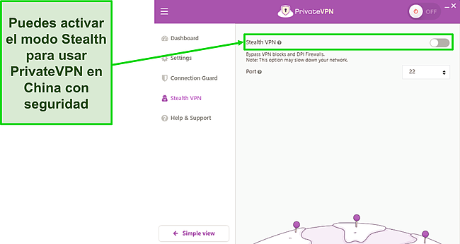 Captura de pantalla de la opci&oacute;n Stealth VPN en el men&uacute; de configuraci&oacute;n de PrivateVPN.