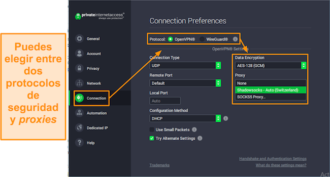 Captura de pantalla de la configuraci&oacute;n de conexi&oacute;n de PIA en Windows.