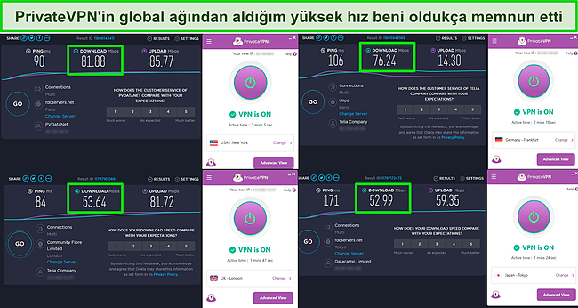 ABD, İngiltere, Almanya ve Japonya'daki sunucuları g&ouml;steren PrivateVPN hız testlerinin ekran g&ouml;r&uuml;nt&uuml;s&uuml;.