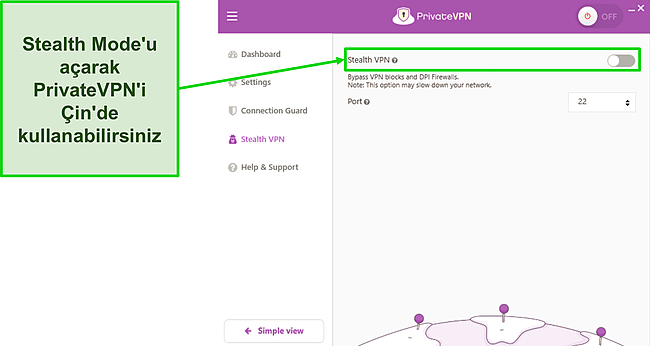 PrivateVPN'in ayarlar men&uuml;s&uuml;ndeki Stealth VPN se&ccedil;eneğinin ekran g&ouml;r&uuml;nt&uuml;s&uuml;.