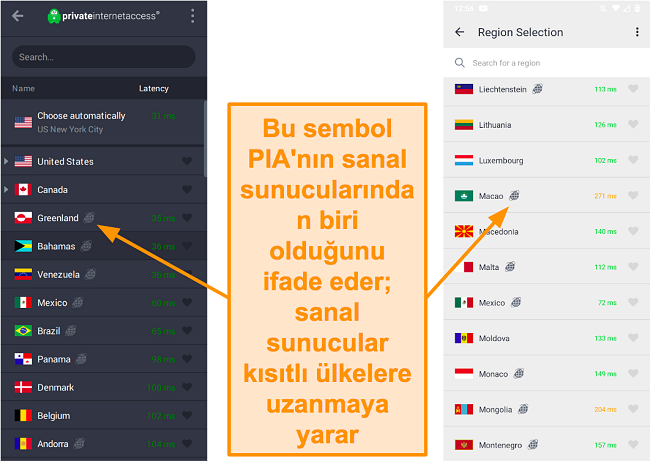 Coğrafi konumlu sunucuları g&ouml;steren PIA masa&uuml;st&uuml; istemcisi ve android programının ekran g&ouml;r&uuml;nt&uuml;s&uuml;