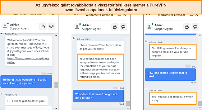K&eacute;pernyők&eacute;p arr&oacute;l, hogy a PureVPN &uuml;gyf&eacute;lszolg&aacute;lata v&aacute;laszol egy visszat&eacute;r&iacute;t&eacute;si k&eacute;relemre, &eacute;s tov&aacute;bb&iacute;tja a k&eacute;r&eacute;st a sz&aacute;ml&aacute;z&aacute;si csapatnak.
