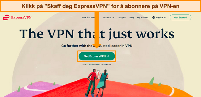 Skjermbilde av ExpressVPNs hjemmeside, og fremhever "Get ExpressVPN"-knappen.
