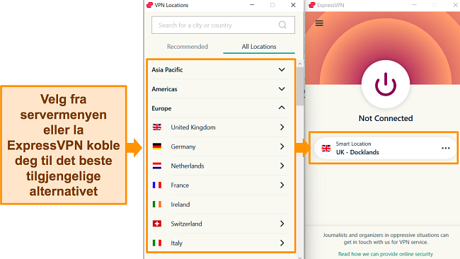 Skjermbilde som viser ExpressVPNs Windows-app og den tilgjengelige servermenyen.
