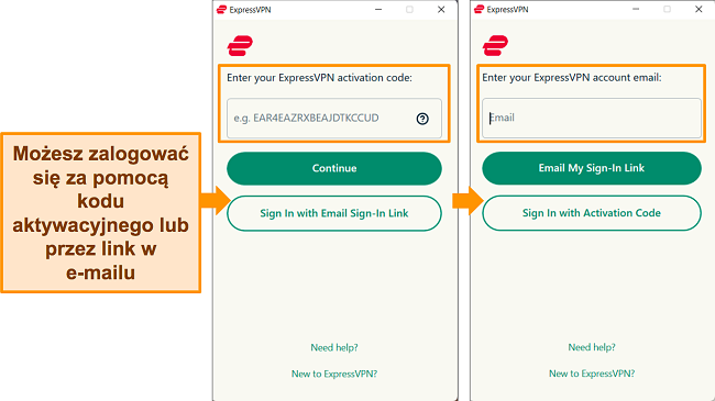 Zrzuty ekranu aplikacji Windows ExpressVPN pokazujące metody, za pomocą których użytkownik może zalogować się do aplikacji.