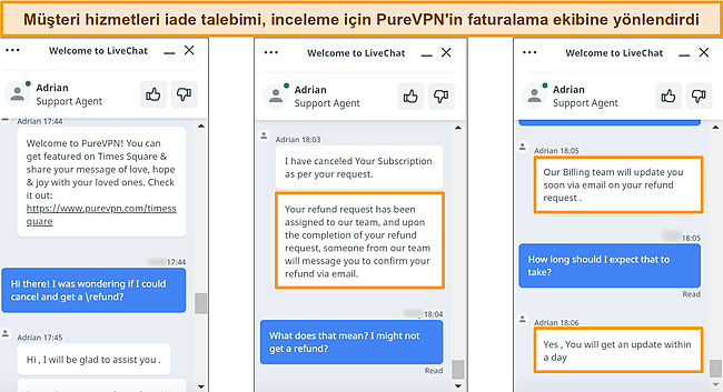 PureVPN'in bir geri &ouml;deme talebine yanıt veren ve talebi faturalama ekibine ileten m&uuml;şteri hizmetinin ekran g&ouml;r&uuml;nt&uuml;s&uuml;.