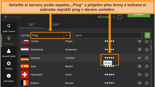 Screenshot ze seznamu serverů IPVanish v aplikaci pro Windows se zv&yacute;razněn&iacute;m serverů seřazen&yacute;ch podle pingu a nejniž&scaron;&iacute; dostupn&eacute; latence v dan&eacute; oblasti.