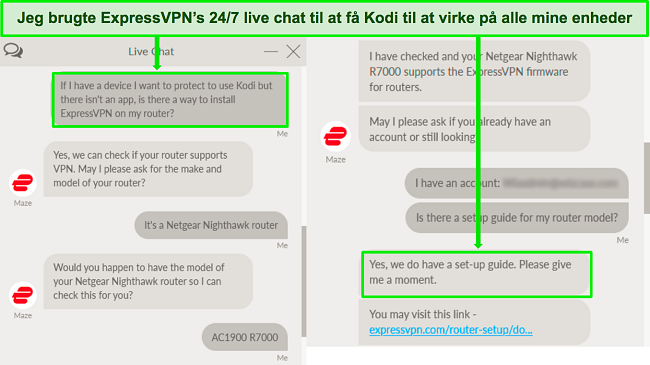 Sk&aelig;rmbillede af en udveksling med ExpressVPNs live chat support om brug af ExpressVPN p&aring; en router til at arbejde med Kodi