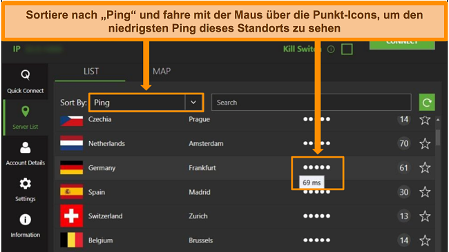 Screenshot der IPVanish-Serverliste in der Windows-App, wobei die Server nach Ping sortiert und die niedrigste verf&uuml;gbare Latenz in dieser Region hervorgehoben werden.