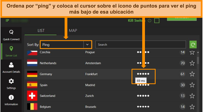 Captura de pantalla de la lista de servidores IPVanish en la aplicaci&oacute;n de Windows, destacando los servidores ordenados por ping y la latencia m&aacute;s baja disponible en esa regi&oacute;n.
