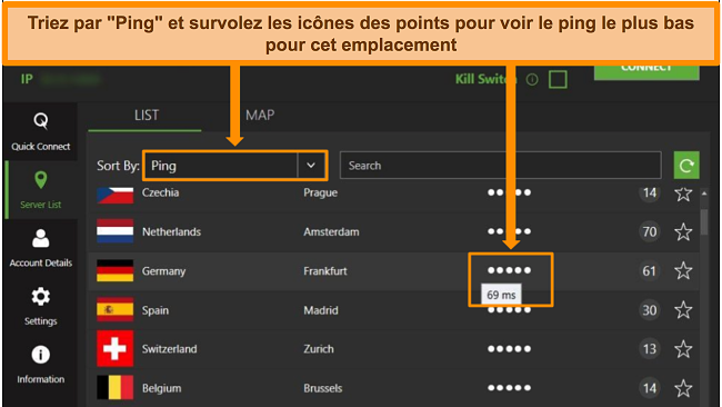 Capture d'&eacute;cran de la liste des serveurs IPVanish sur l'application Windows, mettant en &eacute;vidence les serveurs tri&eacute;s par ping et la latence la plus faible disponible dans cette r&eacute;gion.