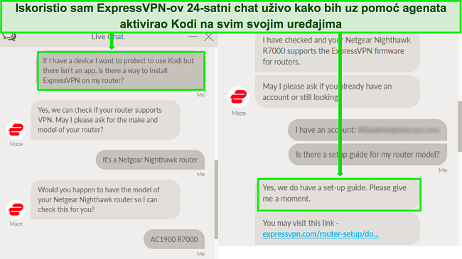 Snimka zaslona razmjene s ExpressVPN-ovom podr&scaron;kom za chat uživo o kori&scaron;tenju ExpressVPN-a na usmjerivaču za rad s Kodijem