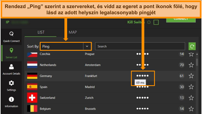K&eacute;pernyők&eacute;p az IPVanish szerverlist&aacute;r&oacute;l a Windows alkalmaz&aacute;sban, kiemelve a kiszolg&aacute;l&oacute;kat ping szerint rendezve &eacute;s az adott r&eacute;gi&oacute;ban el&eacute;rhető legalacsonyabb k&eacute;sleltet&eacute;st.