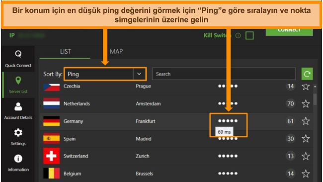 Windows uygulamasındaki IPVanish sunucu listesinin, ping'e g&ouml;re sıralanmış sunucuları ve o b&ouml;lgedeki mevcut en d&uuml;ş&uuml;k gecikmeyi vurgulayan ekran g&ouml;r&uuml;nt&uuml;s&uuml;.