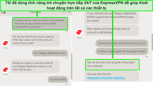 Ảnh chụp m&agrave;n h&igrave;nh cuộc trao đổi với bộ phận hỗ trợ tr&ograve; chuyện trực tiếp của ExpressVPN về việc sử dụng ExpressVPN tr&ecirc;n bộ định tuyến để l&agrave;m việc với Kodi