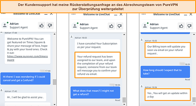 Screenshots des Kundenservice von PureVPN, der auf eine R&uuml;ckerstattungsanfrage antwortet und die Anfrage an das Abrechnungsteam weiterleitet.