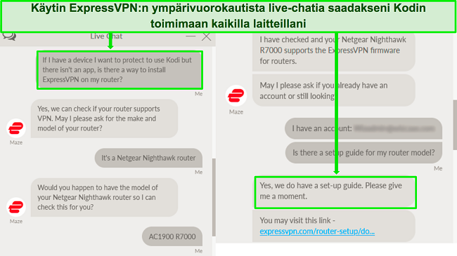 Kuvakaappaus vaihdosta ExpressVPN:n live-chat-tuen kanssa ExpressVPN:n k&auml;ytt&auml;misest&auml; reitittimess&auml; Kodin kanssa