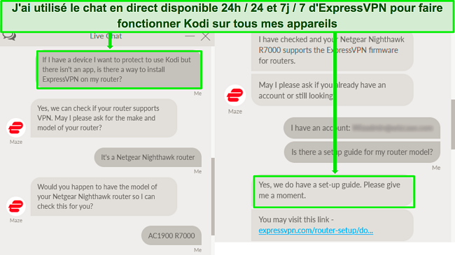 Capture d'&eacute;cran d'un &eacute;change avec le support de chat en direct d'ExpressVPN sur l'utilisation d'ExpressVPN sur un routeur pour travailler avec Kodi