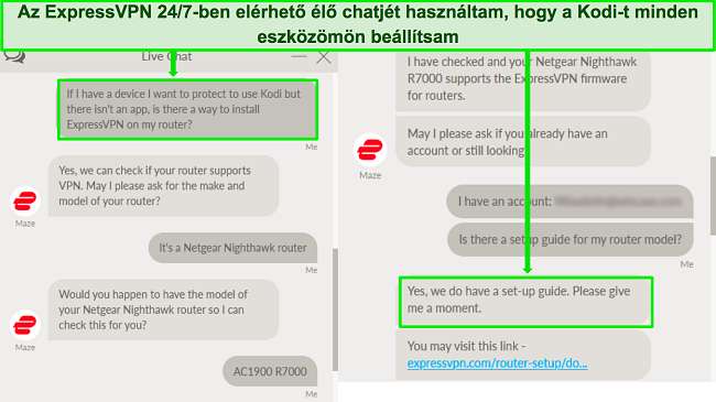 K&eacute;pernyők&eacute;p az ExpressVPN &eacute;lő cseveg&eacute;si t&aacute;mogat&aacute;s&aacute;val folytatott cser&eacute;ről az ExpressVPN routeren val&oacute; haszn&aacute;lat&aacute;r&oacute;l a Kodival val&oacute; egy&uuml;ttműk&ouml;d&eacute;shez