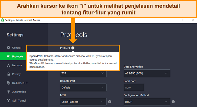 Cuplikan layar aplikasi Windows PIA pada menu Protokol, menampilkan penjelasan mendetail tentang fitur saat mengarahkan kursor ke ikon informasi "i".