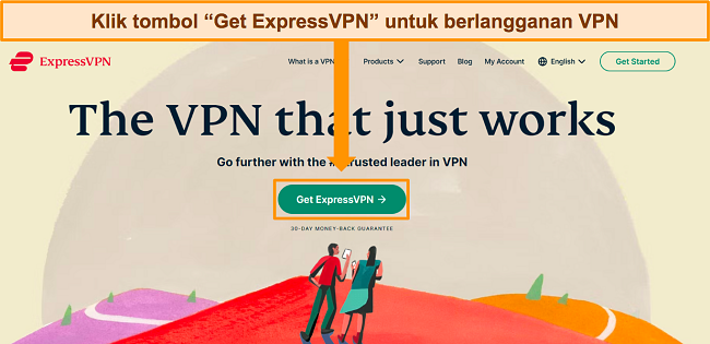 Cuplikan layar beranda ExpressVPN, menyorot tombol "Dapatkan ExpressVPN".