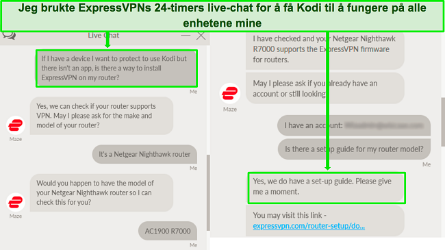 Skjermbilde av en utveksling med ExpressVPNs live chat-st&oslash;tte om bruk av ExpressVPN p&aring; en ruter for &aring; jobbe med Kodi