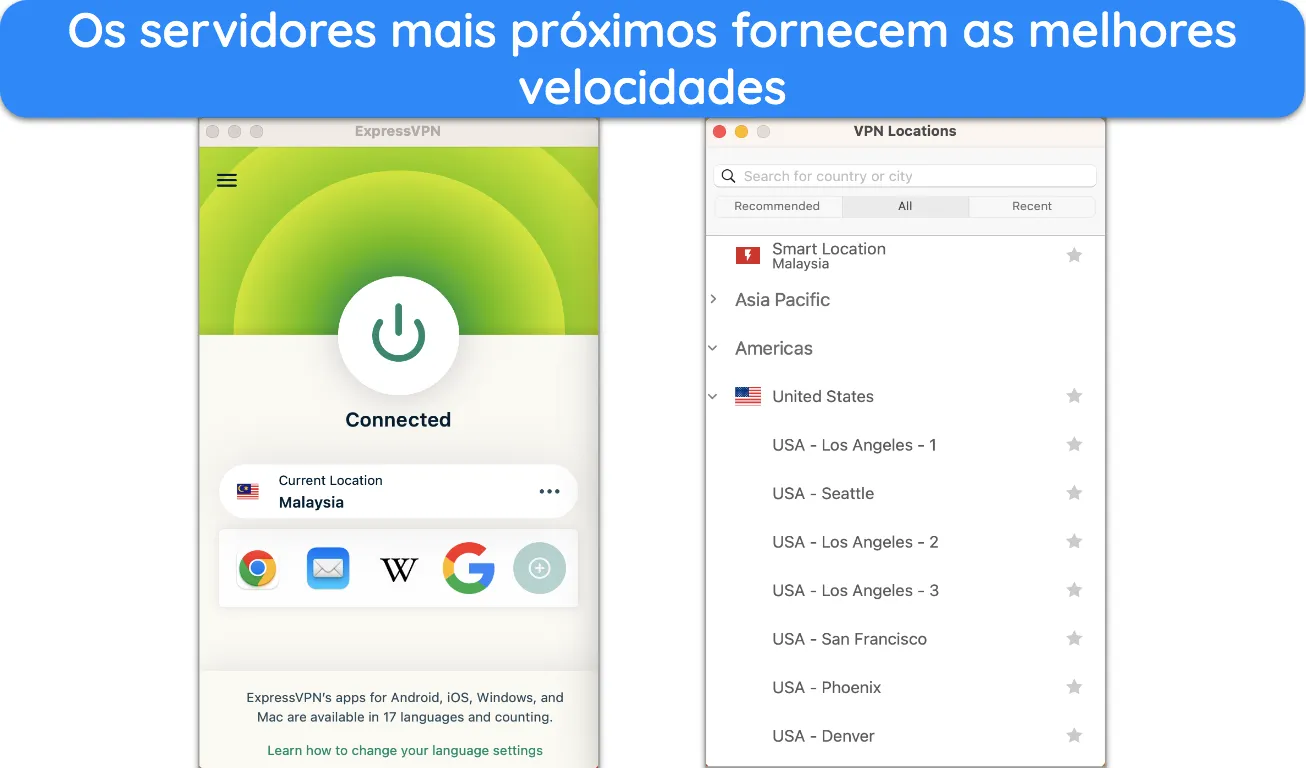 Screenshot of ExpressVPN's servers list Captura de ecrã da lista de servidores do ExpressVPN.