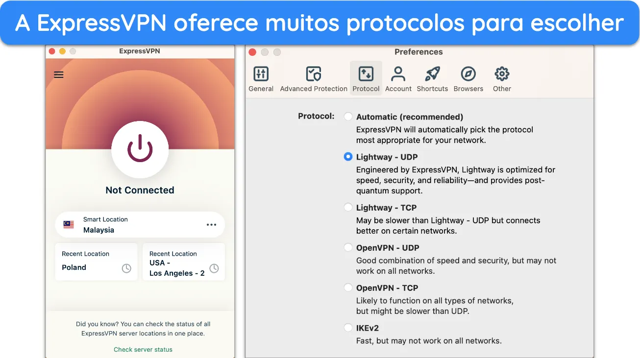Screenshot of ExpressVPN's list of protocols Captura de ecrã da lista de protocolos do ExpressVPN.