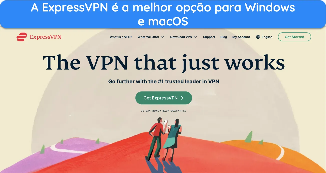 Screenshot of ExpressVPN's homepage Captura de ecrã da página inicial do ExpressVPN.