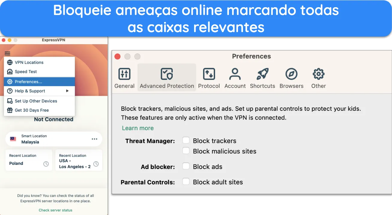 Screenshot of ExpressVPN's Advanced Protection feature on its app Captura de ecrã do recurso Proteção Avançada do ExpressVPN na sua aplicação.