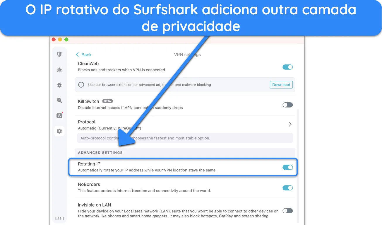 Screenshot of Surfshark's Rotating IP settings on its app Captura de ecrã das definições de IP rotativo do Surfshark na sua aplicação.