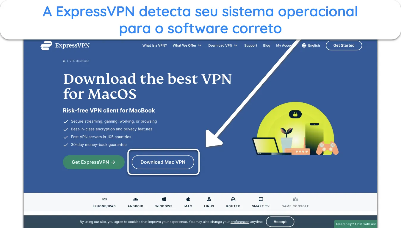 Screenshot of ExpressVPN's app download page Captura de ecrã da página de download da aplicação ExpressVPN.