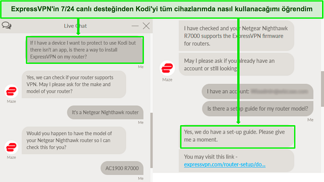 Kodi ile &ccedil;alışmak i&ccedil;in bir y&ouml;nlendiricide ExpressVPN kullanma hakkında ExpressVPN'in canlı sohbet desteğiyle yapılan bir alışverişin ekran g&ouml;r&uuml;nt&uuml;s&uuml;