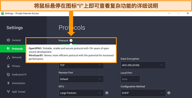 PIA Windows 应用程序在&ldquo;协议&rdquo;菜单上的屏幕截图，将鼠标悬停在&ldquo;i&rdquo;信息图标上时会显示功能的详细说明。