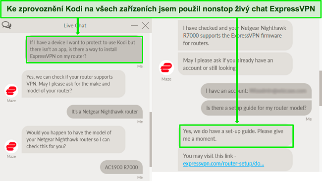 Sn&iacute;mek obrazovky v&yacute;měny s podporou živ&eacute;ho chatu ExpressVPN o použ&iacute;v&aacute;n&iacute; ExpressVPN na routeru pro pr&aacute;ci s Kodi