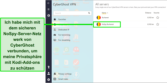 Screenshot des NoSpy-Servers von CyberGhost in Bukarest im Servermen&uuml; der Windows-App