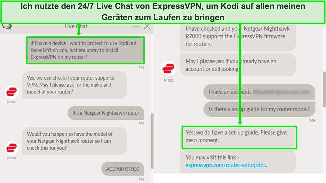 Screenshot eines Austauschs mit dem Live-Chat-Support von ExpressVPN &uuml;ber die Verwendung von ExpressVPN auf einem Router, um mit Kodi zu arbeiten