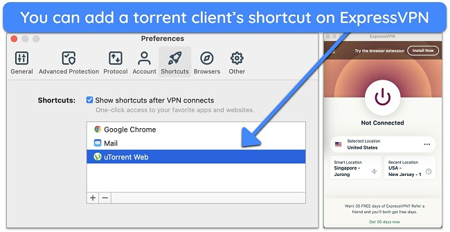 Screenshot of ExpressVPN's Preferences page showing app shortcuts