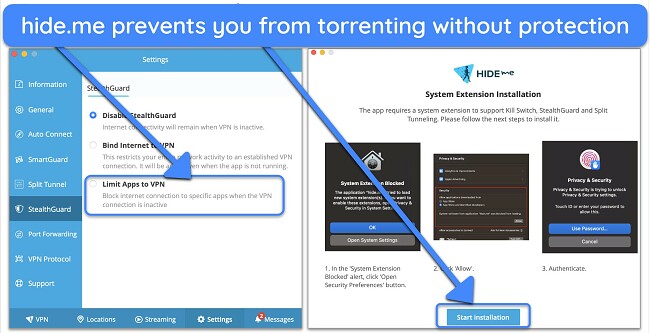 Screenshot of how to activate hide.me's Stealth Guard feature on its free plan on macOS