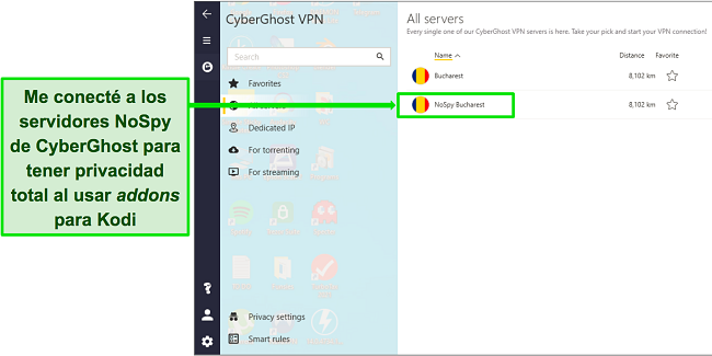 Captura de pantalla que muestra el servidor NoSpy de CyberGhost en Bucarest en el men&uacute; del servidor de la aplicaci&oacute;n de Windows