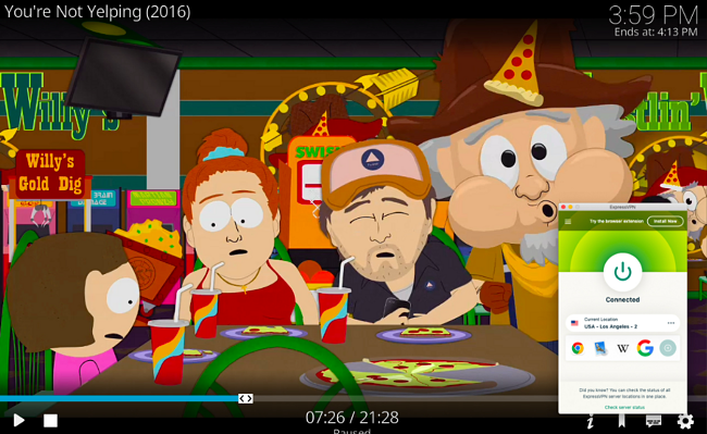 Captura de pantalla de un complemento de Kodi que reproduce South Park en 4K mientras ExpressVPN est&aacute; conectado a un servidor en los EE. UU.