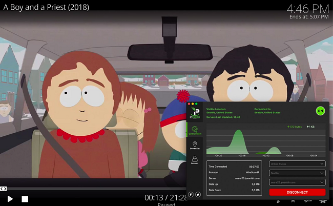 Captura de pantalla de South Park jugando en Kodi mientras IPVanish est&aacute; conectado a un servidor en los EE. UU.