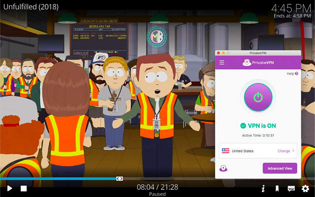 Captura de pantalla de la transmisi&oacute;n de South Park en Kodi mientras PrivateVPN est&aacute; conectado a un servidor en los EE. UU.