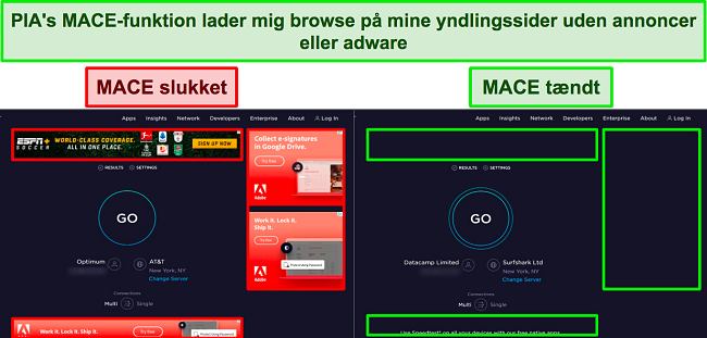 Sk&aelig;rmbilleder af Ookla, med PIA's MACE slukket og t&aelig;ndt, viser hvor mange annoncer den effektivt blokerer.