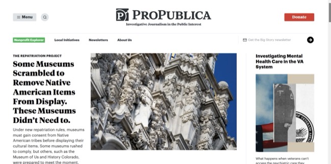 afbeelding van de startpagina van ProPublica