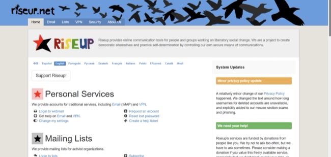 afbeelding van RiseUp-homepage