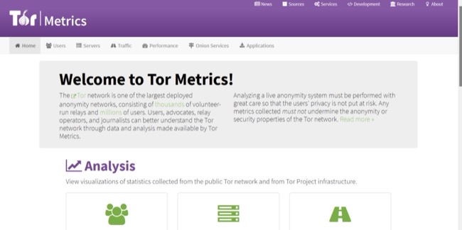 afbeelding van de startpagina van Tor Metrics