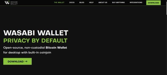 afbeelding van de Wasabi Wallet-homepage